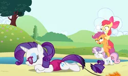 Size: 4929x2935 | Tagged: apple bloom, artist:zacatron94, beach, burned, clothes, cutie mark crusaders, derpibooru import, fire, glasses, imminent spanking, magnifying glass, now you fucked up, one-piece swimsuit, rarity, safe, scootaloo, show accurate, sleeping, sweetie belle, swimsuit, this will end in pain, this will end in tears, this will end in tears and/or death, this will end in tears and/or death and/or covered in tree sap, this will not end well, tower of pony, tree sap and pine needles, you dun goofed