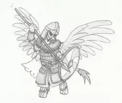 Size: 800x678 | Tagged: safe, artist:sensko, derpibooru import, gryphon, armor, flying, grayscale, helmet, monochrome, pencil drawing, shield, simple background, sketch, solo, spear, traditional art, viking, viking helmet, weapon, white background