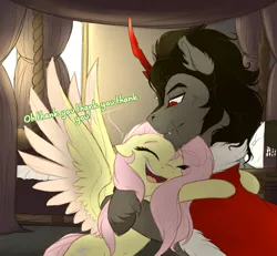 Size: 900x833 | Tagged: safe, artist:evehly, derpibooru import, fluttershy, king sombra, pony, bedroom, bipedal, colored wings, colored wingtips, cute, eyes closed, female, fluffy, hug, male, scar, shipping, shyabetes, smiling, sombrashy, spread wings, straight, unshorn fetlocks