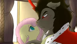 Size: 1280x740 | Tagged: artist:evehly, bedroom, blushing, derpibooru import, eye contact, female, floppy ears, fluffy, fluttershy, frown, glare, king sombra, male, safe, scar, shipping, smiling, sombrashy, straight