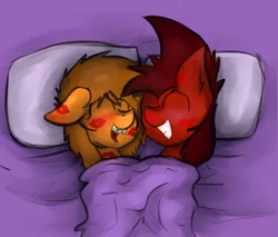 Size: 1729x1475 | Tagged: artist:marsminer, bed, blanket, blushing, cuddling, cute, derpibooru import, eyes closed, female, floppy ears, grin, kisses, kiss mark, male, marspring, oc, oc:mars miner, oc:venus spring, open mouth, safe, shipping, smiling, snuggling, straight, unofficial characters only