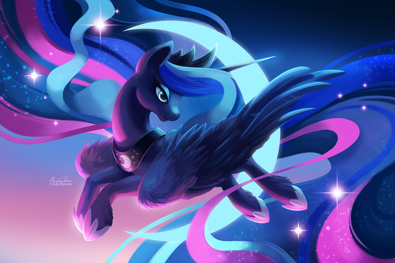 Size: 1200x800 | Tagged: alicorn, artist:tsaoshin, color porn, crown, derpibooru import, ethereal mane, eyelashes, female, flying, hoof shoes, horn, jewelry, long mane, long tail, looking back, majestic, moon, princess luna, regalia, safe, signature, smiling, solo, sparkles, stars, unshorn fetlocks, wallpaper, wings