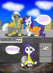 Size: 1918x2637 | Tagged: safe, artist:spellboundcanvas, derpibooru import, derpy hooves, rarity, pegasus, pony, ball and chain, clothes, female, flirting, horn cap, magic suppression, mare, prison, prison outfit, punishment, royal guard, shackles