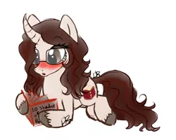 Size: 2500x2000 | Tagged: safe, artist:dari-draws, derpibooru import, oc, unofficial characters only, pony, unicorn, :o, blushing, book, curved horn, female, fifty shades of grey, freckles, glasses, mare, reading, solo, unshorn fetlocks