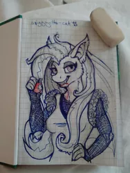 Size: 960x1280 | Tagged: anthro, apple, artist:spiggy-the-cat, derpibooru import, flutterbat, fluttershy, pen sketch, photo, safe, sketch, solo, traditional art