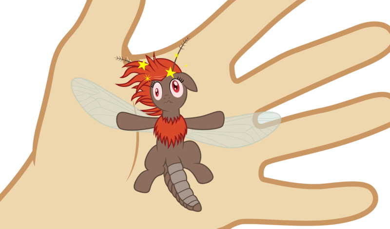 Size: 7563x4453 | Tagged: safe, artist:badumsquish, derpibooru import, oc, unofficial characters only, human, mosquito, mosquito pony, original species, absurd resolution, ambiguous gender, badumsquish strikes again, circling stars, dizzy, floppy ears, hand, mismatched eyes, on back, simple background, size difference, stunned, transparent background, vector, wavy mouth, wide eyes, wings