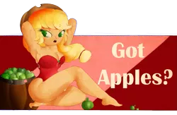 Size: 985x644 | Tagged: apple, applejack, armpits, artist:syico, bunny suit, clothes, derpibooru import, feet, female, human, humanized, leotard, solo, solo female, suggestive