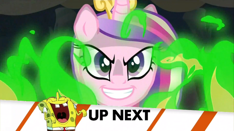 Size: 830x467 | Tagged: safe, derpibooru import, edit, screencap, princess cadance, a canterlot wedding, evil, exploitable meme, fire, image, inappropriate timing spongebob banner, meme, png, spongebob laughs at your misery, spongebob squarepants, spongebob squarepants (character)