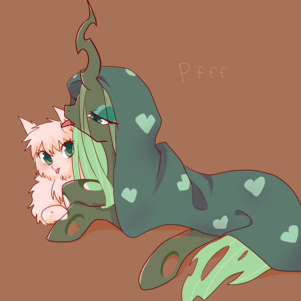 Size: 1200x1200 | Tagged: safe, artist:kkmrarar, derpibooru import, queen chrysalis, oc, oc:fluffle puff, changeling, pony, :p, bedroom eyes, blanket, canon x oc, chrysipuff, female, lesbian, licking, lidded eyes, looking at you, mare, prone, shipping, simple background, tongue out