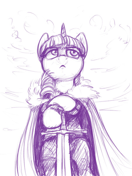 Size: 1500x2000 | Tagged: safe, artist:verulence, derpibooru import, twilight sparkle, twilight sparkle (alicorn), semi-anthro, unicorn, crossover, eddard stark, female, game of thrones, mare, monochrome, ned stark, solo, sword, winter is coming