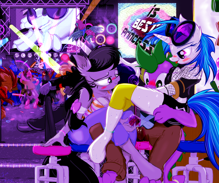 Size: 2400x2000 | Tagged: questionable, artist:frist44, derpibooru import, neon lights, octavia melody, rising star, spike, vinyl scratch, oc, anthro, unguligrade anthro, :3, :p, bar, bedroom eyes, best princess, blushing, boob squish, breasts, busty octavia, busty vinyl scratch, cleavage, clopfic in description, clothes, dj col-7, female, femdom, fishnets, fluffy, fog, glass, glowstick, group sex, music, older, pouring, rave, seduction, seductive, sex, shipping, shorts, sitting, smiling, spike gets all the mares, spiketavia, spill, story included, sweat, threesome, tongue out, vinylspike, vinylspiketavia, wide eyes, wine