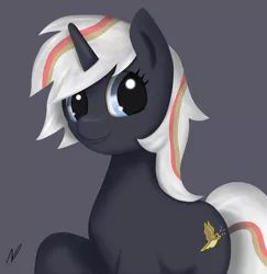 Size: 4206x4327 | Tagged: safe, artist:neighday, derpibooru import, oc, oc:velvet remedy, unofficial characters only, pony, unicorn, fallout equestria, fanfic, absurd resolution, fanfic art, female, gray background, horn, mare, simple background, smiling, solo