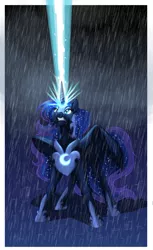 Size: 3300x5400 | Tagged: armor, artist:foxenawolf, derpibooru import, epic, fanfic, fanfic art, fanfic:piercing the heavens, glowing horn, magic, magic blast, princess luna, rain, safe, solo