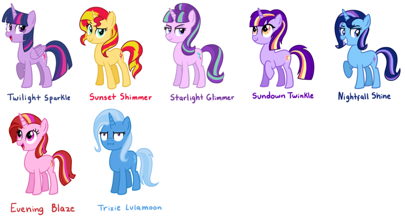 Size: 7920x4248 | Tagged: safe, artist:thecheeseburger, derpibooru import, starlight glimmer, sunset shimmer, trixie, twilight sparkle, twilight sparkle (alicorn), oc, alicorn, pony, unicorn, :i, absurd resolution, counterparts, magical quartet, name, one of these things is not like the others, simple background, stellar similarities, transparent background, twilight's counterparts