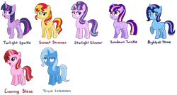 Size: 7920x4248 | Tagged: safe, artist:thecheeseburger, derpibooru import, starlight glimmer, sunset shimmer, trixie, twilight sparkle, twilight sparkle (alicorn), oc, alicorn, pony, unicorn, :i, absurd resolution, counterparts, magical quartet, name, one of these things is not like the others, simple background, stellar similarities, transparent background, twilight's counterparts