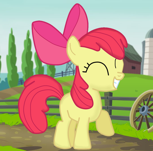 Size: 684x674 | Tagged: adorabloom, apple bloom, artist:7uprulez, cute, derpibooru import, farm, field, grin, safe, smiling, solo, tree, wheel