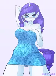 Size: 1624x2221 | Tagged: anthro, armpits, artist:kinkypinkink, blue underwear, breasts, busty rarity, clothes, derpibooru import, dress, edit, explicit source, female, looking at you, panties, rarity, skirt, smiling, solo, solo female, suggestive, underwear, upskirt