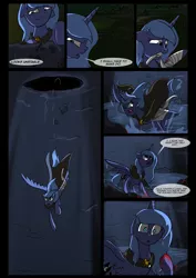 Size: 1240x1754 | Tagged: safe, artist:lunarcakez, derpibooru import, princess luna, comic:the origins of hollow shades, blood, comic, filly, injured, night, pink-mane celestia, water, well, woona, younger