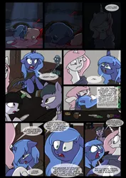 Size: 1240x1754 | Tagged: all just a dream, artist:lunarcakez, blood, comic, comic:the origins of hollow shades, confused, crying, derpibooru import, eye contact, floppy ears, frown, gritted teeth, hug, implied death, injured, night, oc, oc:daydream, oc:june, open mouth, pink-mane celestia, princess celestia, princess luna, prone, raised hoof, s1 luna, sad, semi-grimdark, smiling, underhoof, water, well, wide eyes, wink, younger