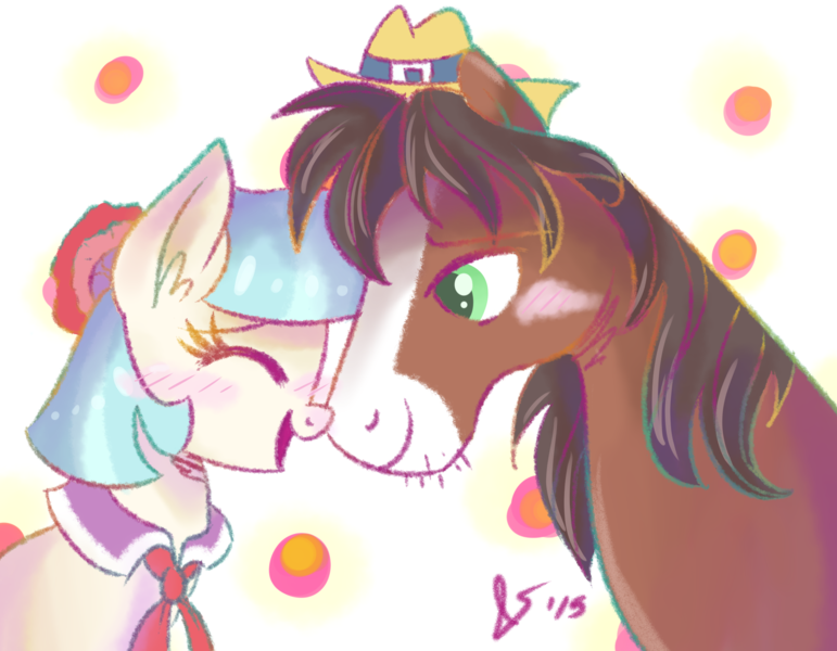 Size: 2700x2100 | Tagged: safe, artist:dreamscapevalley, derpibooru import, coco pommel, trouble shoes, pony, blushing, boop, crack shipping, cute, ear fluff, eyes closed, female, hat, male, mare, noseboop, nuzzling, open mouth, shipping, simple background, smiling, stallion, straight, transparent background, troublepommel