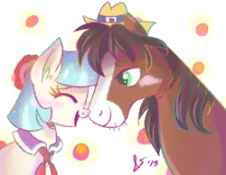 Size: 2700x2100 | Tagged: safe, artist:dreamscapevalley, derpibooru import, coco pommel, trouble shoes, pony, blushing, boop, crack shipping, cute, ear fluff, eyes closed, female, hat, male, mare, noseboop, nuzzling, open mouth, shipping, simple background, smiling, stallion, straight, transparent background, troublepommel