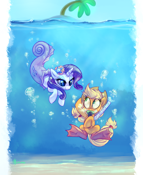 Size: 1800x2200 | Tagged: safe, artist:whitediamonds, derpibooru import, applejack, rarity, earth pony, mermaid, merpony, pony, unicorn, bedroom eyes, bubble, diving, female, fins, flippers, hat, lesbian, looking at each other, mare, mermaidized, on melancholy hill, rarijack, rarijack daily, shipping, smiling, snorkel, species swap, underwater, wide eyes