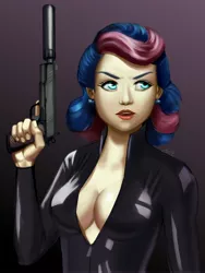 Size: 3300x4400 | Tagged: artist:jay156, bon bon, bon bond, breasts, bust, busty bon bon, catsuit, cleavage, derpibooru import, earring, episode 100, female, gun, human, humanized, latex, latex suit, lipstick, m1911, piercing, pistol, secret agent sweetie drops, slice of life (episode), solo, solo female, stupid sexy bon bon, suggestive, suppressor, sweetie drops, trigger discipline