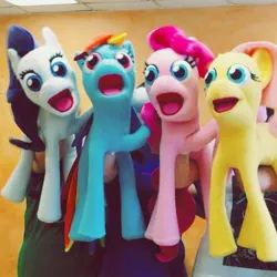 Size: 490x490 | Tagged: safe, derpibooru import, fluttershy, pinkie pie, rainbow dash, rarity, earth pony, human, pegasus, pony, unicorn, bronies: the musical, brony, creepy, female, irl, kill me, mare, nightmare fuel, photo, puppet, real, toy, wat