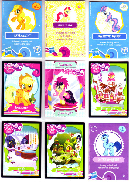 Size: 638x900 | Tagged: applejack, blues, bon bon, derpibooru import, flippity flop, fluttershy, merchandise, noteworthy, photo, safe, sweetie drops, trading card