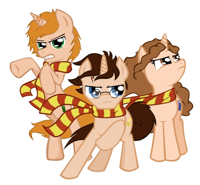 Size: 7148x6625 | Tagged: absurd resolution, artist:zackira, clothes, derpibooru import, glasses, gryffindor, harry potter, hermione granger, ponified, ron weasley, safe, scarf, simple background, transparent background