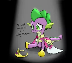 Size: 1254x1100 | Tagged: safe, artist:artguydis, derpibooru import, spike, dragon, princess spike (episode), abuse, baby, baby dragon, clothes, coronation dress, crossdressing, crown, cute, dress, male, pretty princess, princess, sad, spikabetes, spikeabuse, spotlight, that was fast