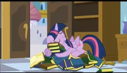 Size: 977x561 | Tagged: safe, derpibooru import, screencap, twilight sparkle, twilight sparkle (alicorn), alicorn, pony, princess spike (episode), adorkable, book, book nest, cute, dork, eyes closed, female, floppy ears, frown, hoard, hug, mare, princess sleeping on books, prone, sleeping, solo, that pony sure does love books, tired twilight, twiabetes