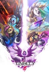 Size: 828x1200 | Tagged: safe, artist:xennos, derpibooru import, applejack, fluttershy, pinkie pie, princess celestia, princess luna, rainbow dash, rarity, twilight sparkle, twilight sparkle (alicorn), alicorn, pony, comic:trinity, trinity: rebirth, airship, alternate universe, armor, badass, cover, epic, female, fight, fire, flutterbadass, flutterbat, mane six, mare, scar, science fiction, spread wings