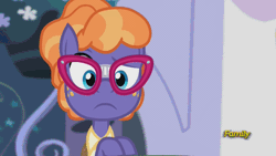 Size: 500x281 | Tagged: adorkable, animated, broken glasses, bucktooth, cute, derpibooru import, discovery family, discovery family logo, dork, frazzlebetes, frazzle rock, frown, glasses, looking at you, princess spike (episode), raised eyebrow, safe, screencap, solo, talking, worried
