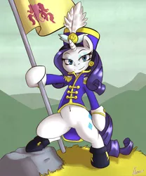 Size: 1200x1440 | Tagged: safe, artist:atane27, derpibooru import, rarity, pony, unicorn, testing testing 1-2-3, ancient wonderbolts uniform, belly button, bipedal, boots, clothes, female, flag, hat, hoof hold, mare, sgt. rarity, shako, shoes, solo, uniform