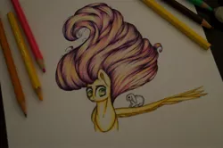Size: 2560x1701 | Tagged: safe, artist:evildraw, derpibooru import, fluttershy, rabbit, bust, colored pencil drawing, looking sideways, one wing out, smiling, traditional art