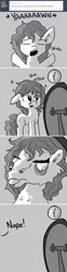 Size: 726x2921 | Tagged: safe, artist:tjpones, derpibooru import, oc, oc:brownie bun, unofficial characters only, horse wife, ask, bed mane, clock, hoers, mirror, monochrome, morning ponies, onomatopoeia, sleepy, solo, tumblr, yawn