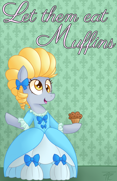 Size: 3300x5100 | Tagged: safe, artist:wildberry-poptart, derpibooru import, derpy hooves, pegasus, pony, clothes, dress, female, let them eat cake, mare, marie antoinette, muffin, solo