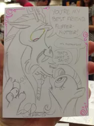 Size: 768x1024 | Tagged: safe, artist:andypriceart, derpibooru import, discord, fluttershy, black and white, boop, grayscale, monochrome, neo noir, partial color, photo, traditional art