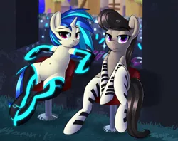 Size: 1962x1555 | Tagged: safe, artist:january3rd, derpibooru import, octavia melody, vinyl scratch, earth pony, pony, unicorn, belly button, clothes, female, lidded eyes, mare, octavia is not amused, sitting, socks, thigh highs, tron, unamused, unimpressed