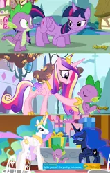 Size: 1800x2835 | Tagged: safe, artist:titanium-pony, derpibooru import, princess cadance, princess celestia, princess luna, spike, twilight sparkle, twilight sparkle (alicorn), alicorn, pony, castle sweet castle, princess spike (episode), slice of life (episode), bedroom eyes, discovery family logo, eyes on the prize, female, love, love triangle, male, mare, personal space invasion, shipping, smiling, spike gets all the alicorns, spike gets all the mares, spike gets all the princesses, spikedance, spikelestia, spikelove, spiluna, straight, tonight you, twispike
