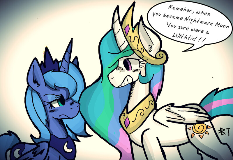 Size: 2446x1689 | Tagged: artist:wirelesspony, bad joke, curved horn, derpibooru import, eye contact, frown, glare, grin, poor taste, princess celestia, princess luna, pun, s1 luna, safe, smiling, too soon, unamused