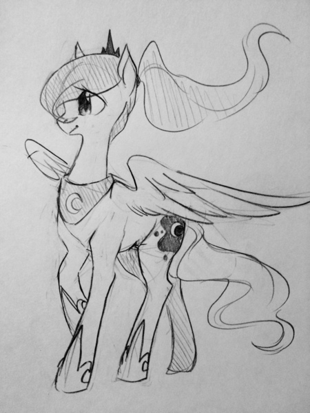 Size: 960x1280 | Tagged: alternate hairstyle, artist:askcminus, artist:glacierclear, cute, derpibooru import, monochrome, ponytail, princess luna, safe, sketch, solo, spread wings, traditional art