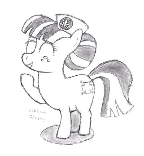 Size: 859x929 | Tagged: safe, artist:drchrisman, derpibooru import, nurse sweetheart, pony, eyes closed, female, mare, monochrome, simple background, sketch, smiling, solo, traditional art, white background