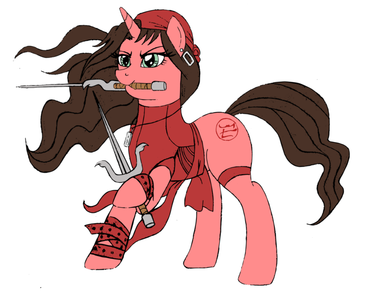 Size: 1928x1509 | Tagged: safe, artist:edcom02, artist:jmkplover, derpibooru import, ponified, pony, unicorn, assassin, crossover, elektra, marvel, ninja, sai, simple background, transparent background