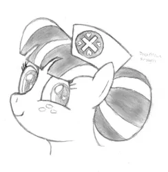 Size: 883x905 | Tagged: safe, artist:drchrisman, derpibooru import, nurse sweetheart, pony, female, mare, monochrome, simple background, sketch, smiling, solo, traditional art, white background