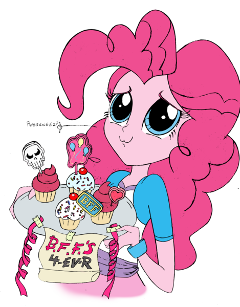 Size: 1590x2032 | Tagged: safe, artist:edcom02, artist:jmkplover, derpibooru import, pinkie pie, human, equestria girls, cupcake, cute, cute face, humanized, punisher, puppy dog eyes, ribbon, simple background, transparent background, tray