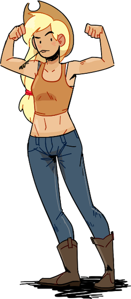 Size: 280x640 | Tagged: applejack, armpits, artist:alvrexadpot, belly button, bra strap, clothes, derpibooru import, flexing, human, humanized, midriff, muscles, safe, solo, tanktop, underwear, white underwear