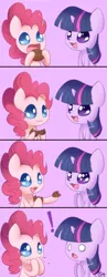 Size: 720x1860 | Tagged: :3, artist:solar-slash, chibi, comic, cookie, denied, derpibooru import, drool, eating, exclamation point, jerk, :o, pinkie pie, pinkie prick, pure unfiltered evil, safe, simple background, smiling, twilight sparkle, wavy mouth, wide eyes