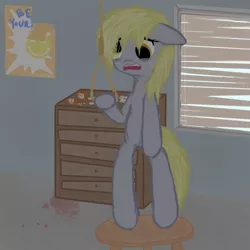 Size: 666x666 | Tagged: dead source, grimdark, artist:misophoniac, derpibooru import, derpy hooves, pegasus, pony, bipedal, blinds, crying, depressed, depression, derpybuse, derpygate, female, floppy ears, imminent suicide, implied hanging, implied suicide, mare, noose, poster, satanic dimensions, scar, self harm, solo, solo female, stool, suicide, this will end in tears and/or death